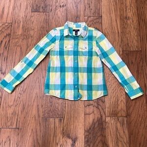 Gap Kids girl’s size L yellow and teal long sleeve plaid shirt